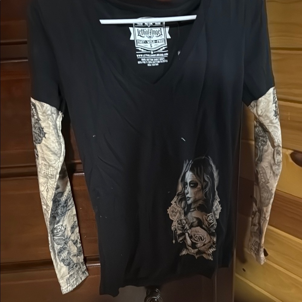 Black and Beige Graphic Long Sleeve Top